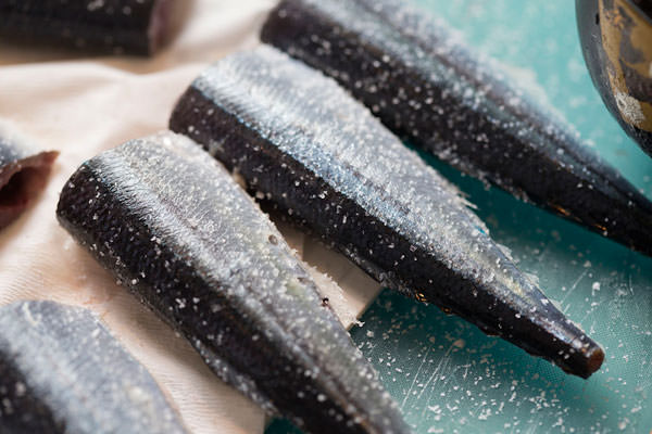 秋刀魚のコンフィのレシピ。水分をふきとり、塩をふった秋刀魚