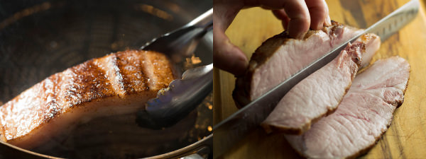 茹でた豚ロース肉に焼き色をつける