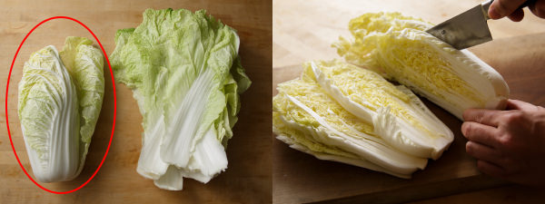 使うのは白菜の黄色い部分。白菜の切り方