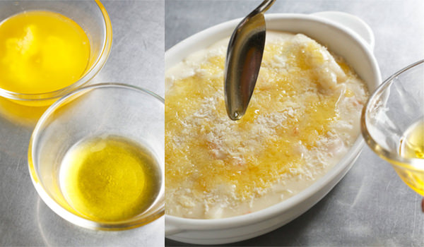 溶かしバターと澄ましバターの比較、グラタンの仕上げに澄ましバターかける様子
