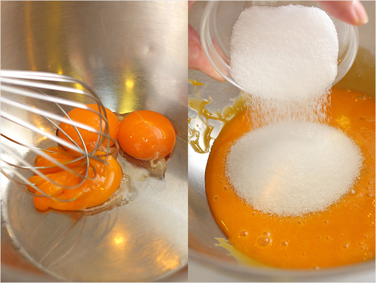 卵黄を溶きほぐし、グラニュー糖を入れる