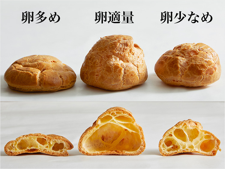 溶き卵の量とシュー生地焼き上がり比較