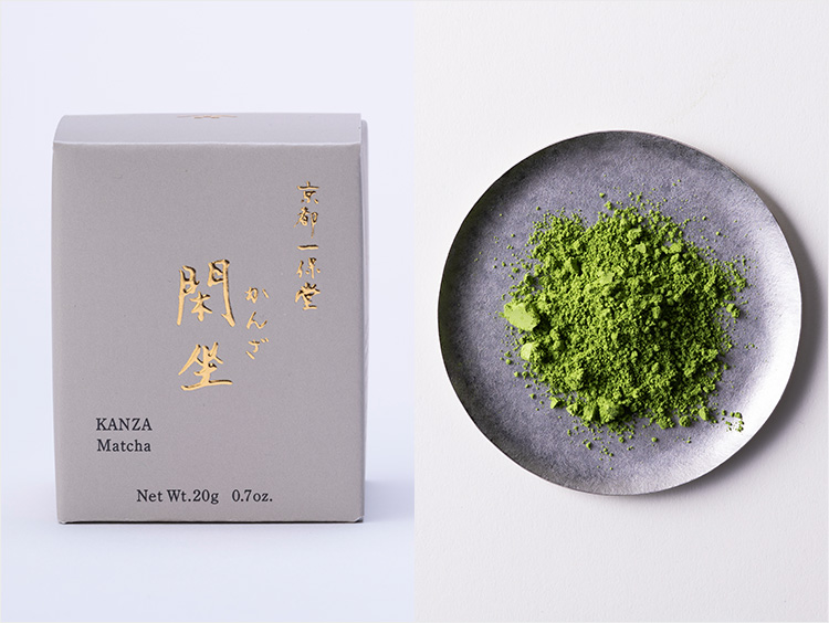 ＜一保堂茶舗＞閑坐のパッケージと中身の抹茶