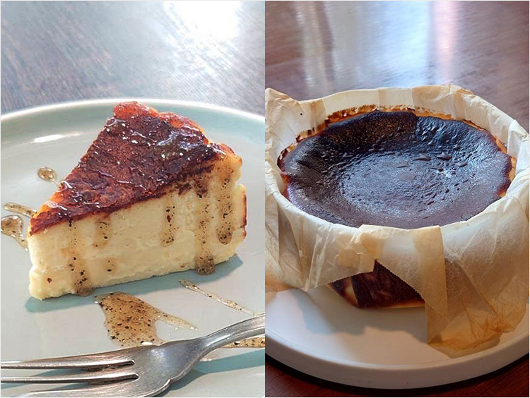 左から、<グリーンイタリアン トルチャ>バスクチーズケーキ マヌカハニー&ペッパー付き1カット、ホール