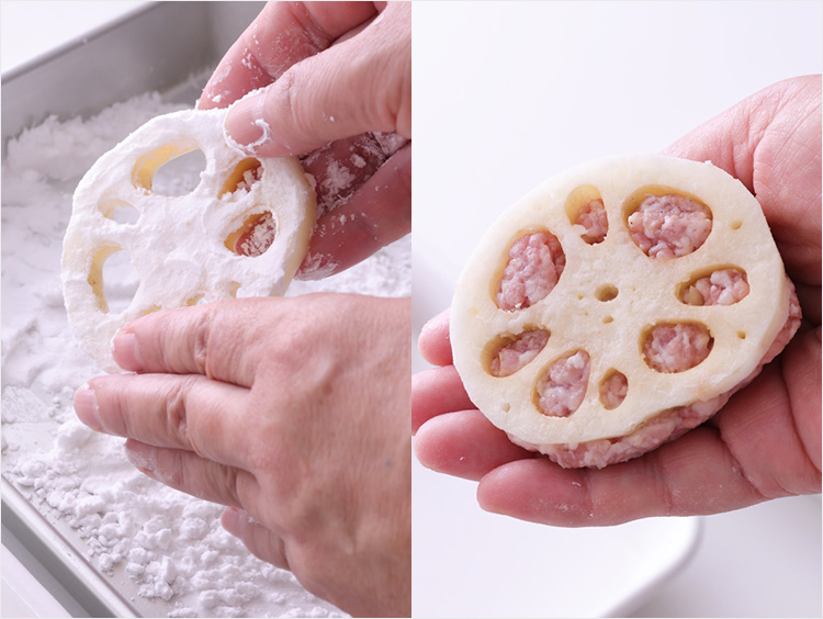 れんこんに粉をまぶすイメージ(左)、れんこんに肉を詰めたイメージ(右)